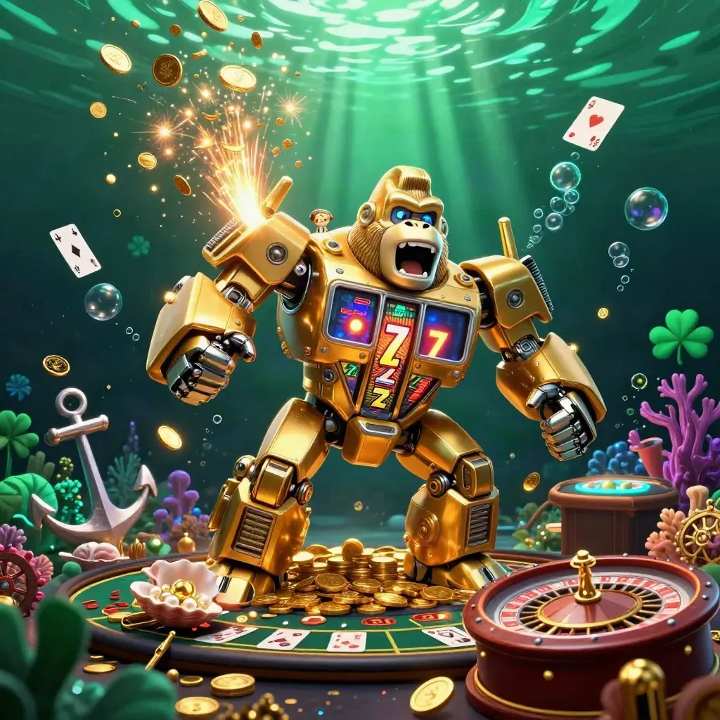 Golden gorilla mech with monkey pilot in an underwater coin-burst casino celebration