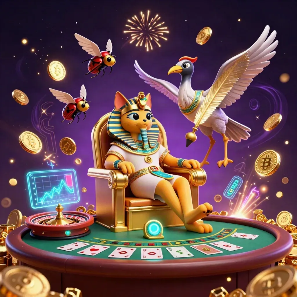Pharaoh cat, ibis scribe, and gem-wing scarabs amid treasure, casino symbols, and neon magic.