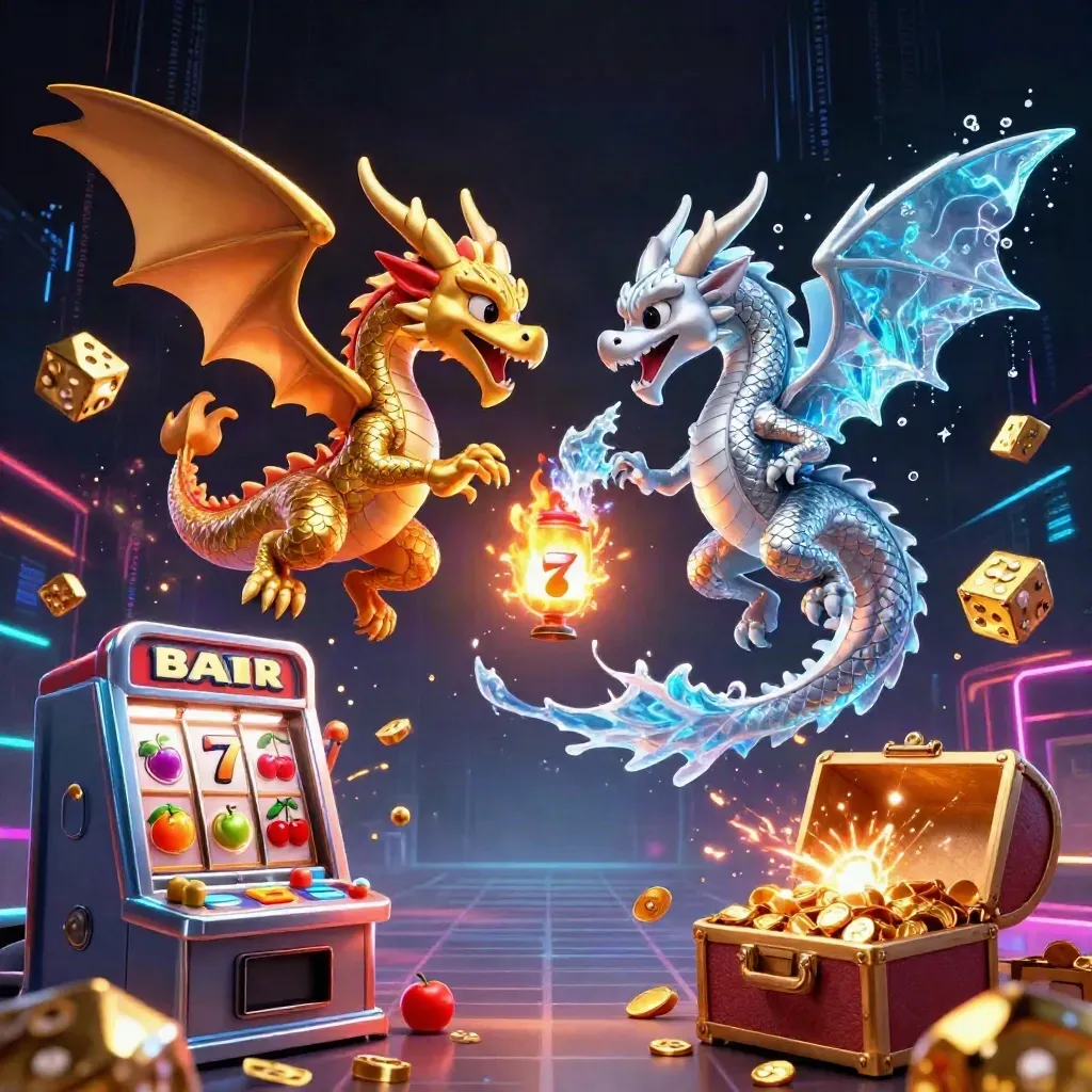 Twin gold and silver dragons spiral in a neon casino blast with slot symbols and treasure.