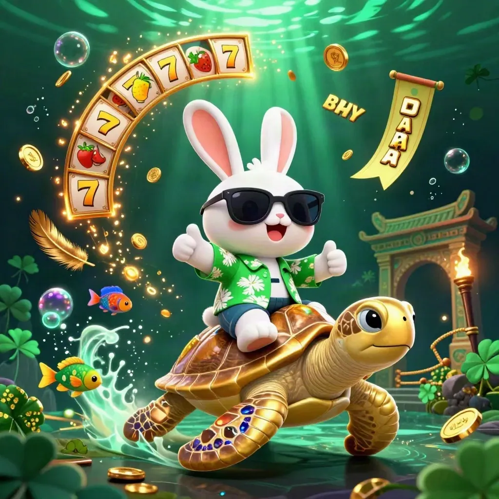 Cartoon rabbit on a golden sea turtle with fish, coins, reels, and casino glow.