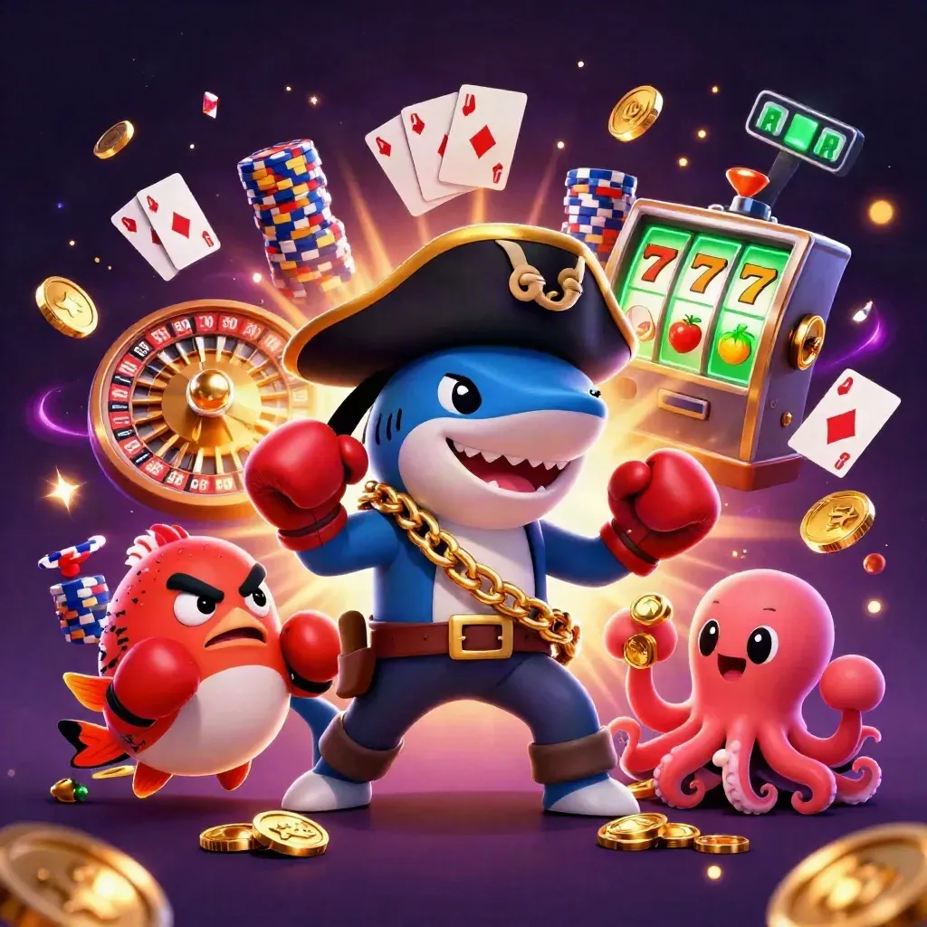 Pirate shark, boxing pufferfish, and juggling octopus amid casino loot and glowing reels