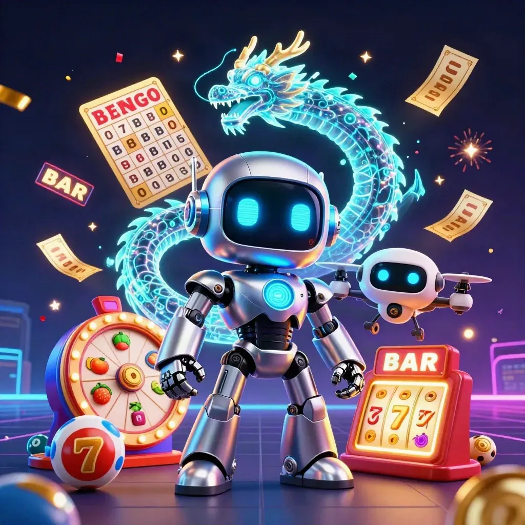 Chrome robot, holographic dragon and coin drone amid jackpots, reels, confetti on a neon casino grid.