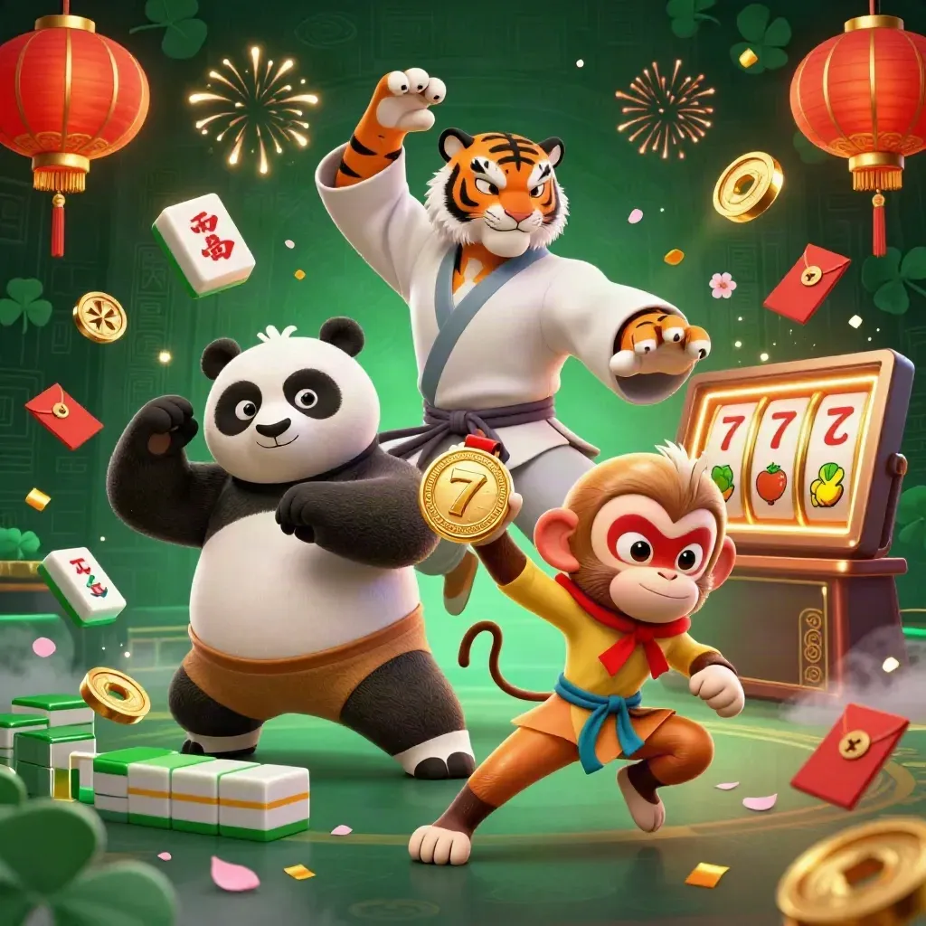 Tiger, panda, and monkey casino heroes amid lanterns, coins, fireworks, and glowing jade reels.