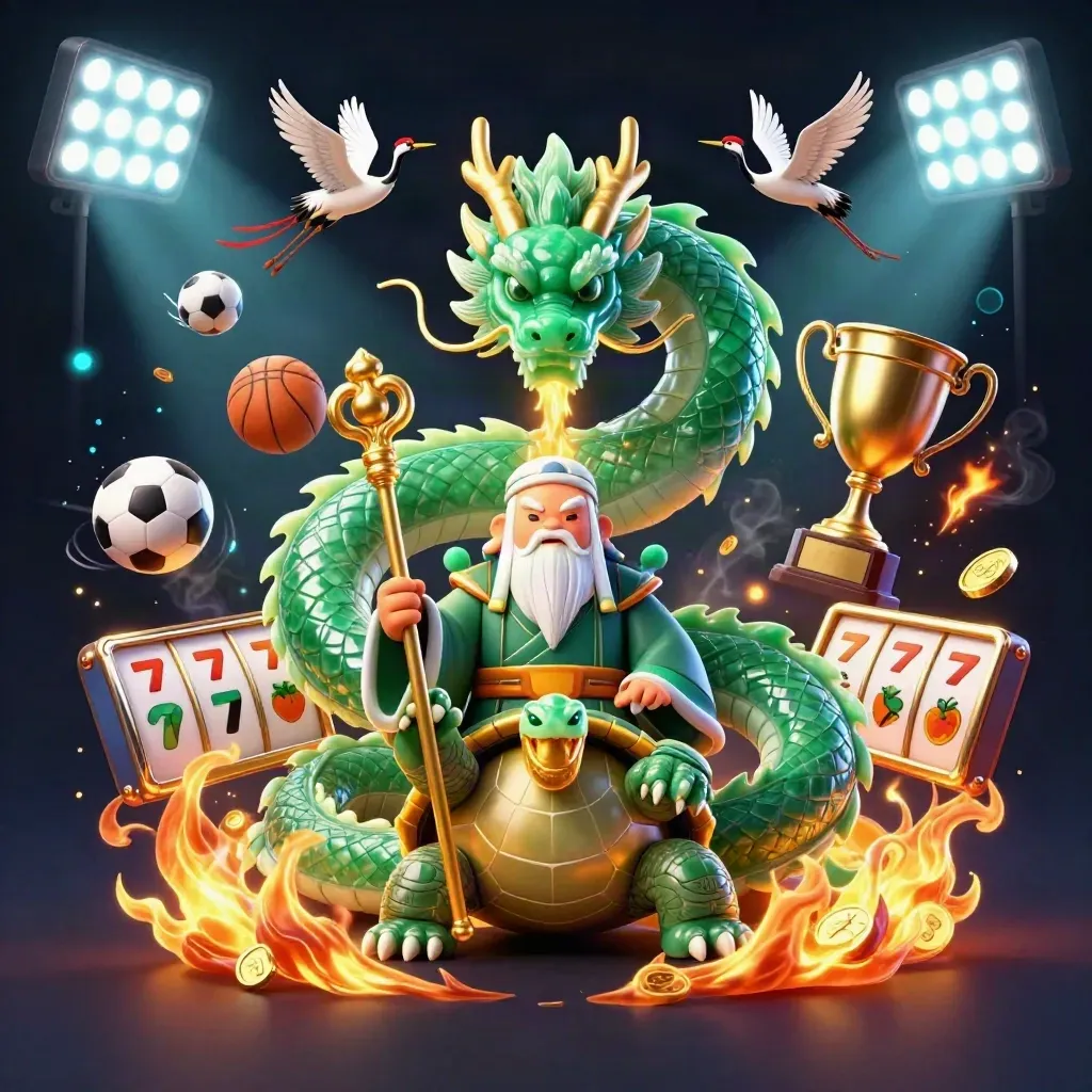 Emerald dragon, turtle sage, and cranes amid casino fire, coins, reels, and glowing sports props.