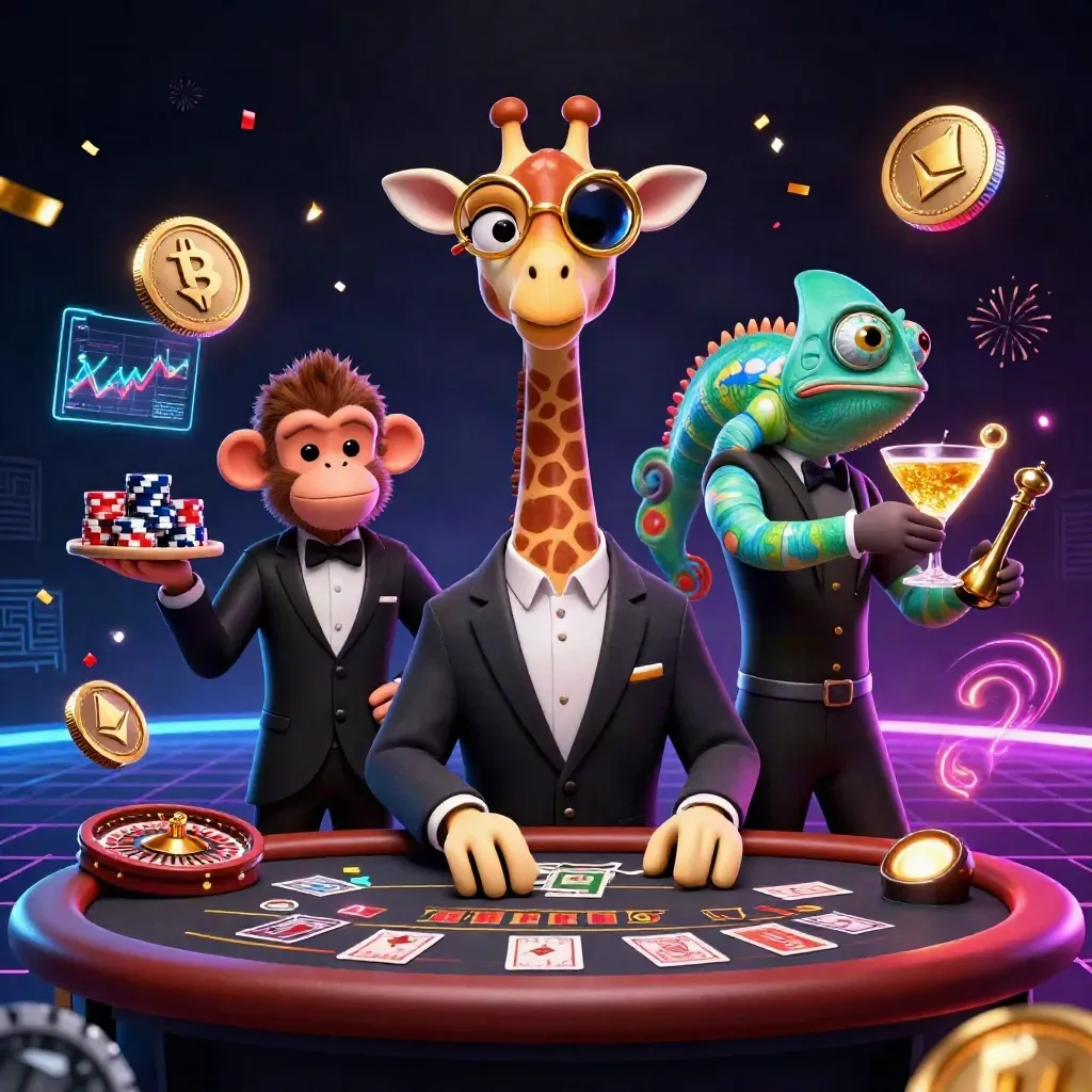 Giraffe high roller, monkey valet, and chameleon bartender in a neon casino scene with coins and poker props.