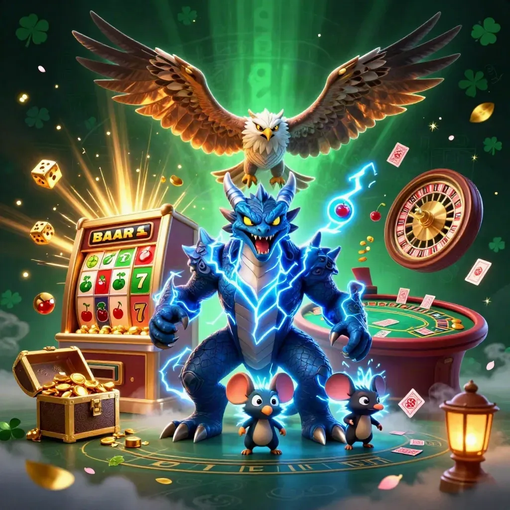 Thunder dragon, hawk, and mouse amid jackpot slot chaos, gold, sparks, and casino glow.