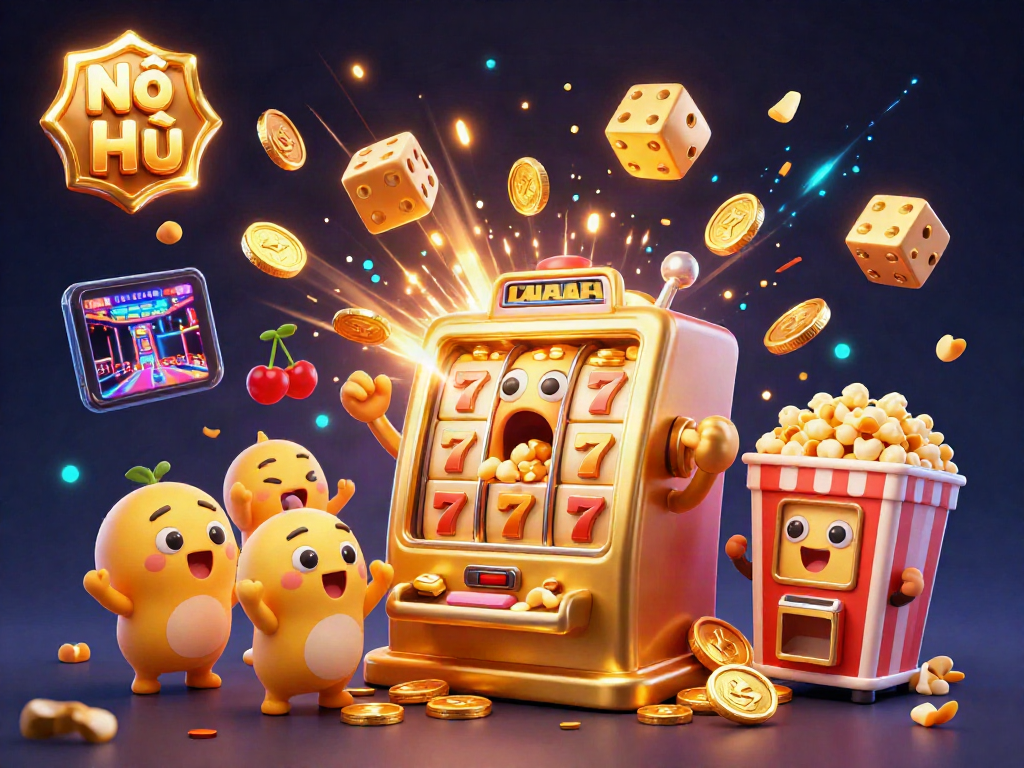 Nổ Hũ slot machine celebrating a jackpot, surrounded by cheering baby machines and golden coins.