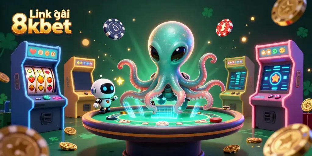 Experience the excitement of gambling with Link vào 8kbet in vibrant, ultra-detailed 3D illustration featuring a cosmic octopus.