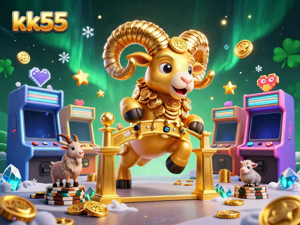 Experience thrilling gameplay with KK55's lively illustration featuring golden ram and vibrant casino elements.