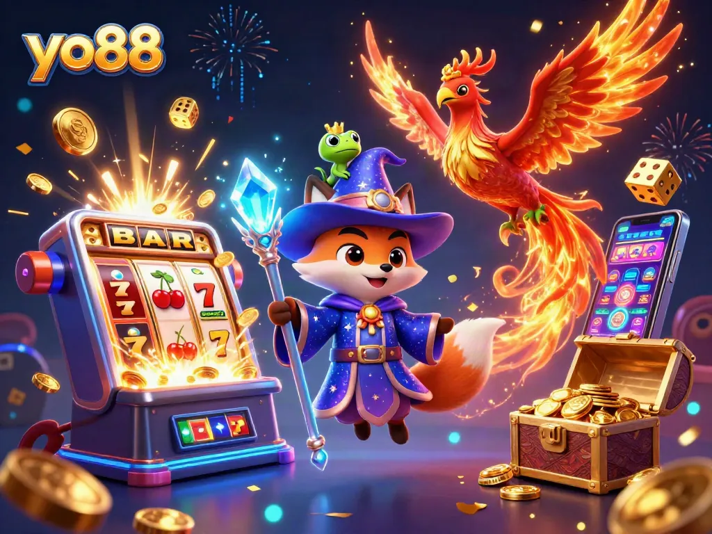 Join the fun with yo88 at an exciting casino game showcasing a wizard and phoenix.
