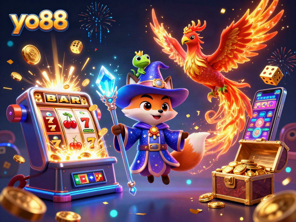 Join the fun with yo88 at an exciting casino game showcasing a wizard and phoenix.