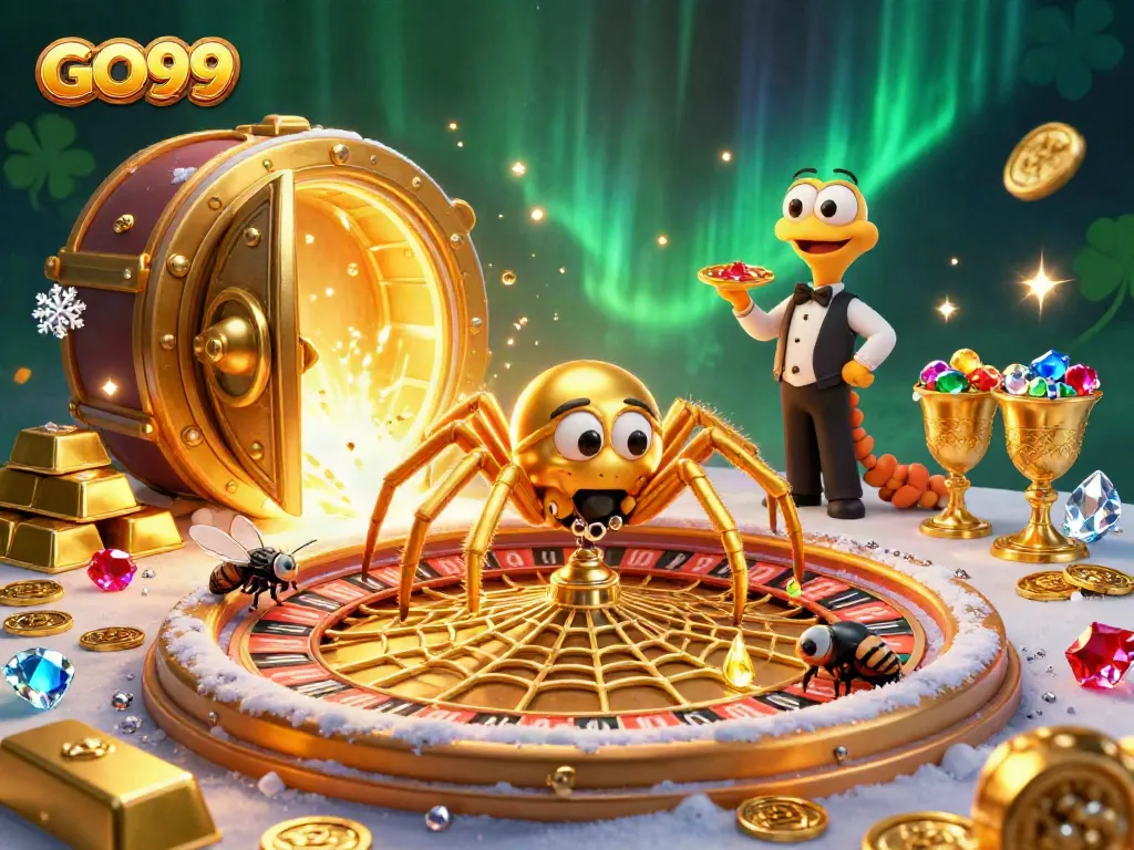 Spin to win with GO99's exciting casino experience featuring vibrant 3D characters and gold treasures.