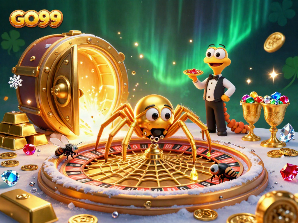 Spin to win with GO99's exciting casino experience featuring vibrant 3D characters and gold treasures.