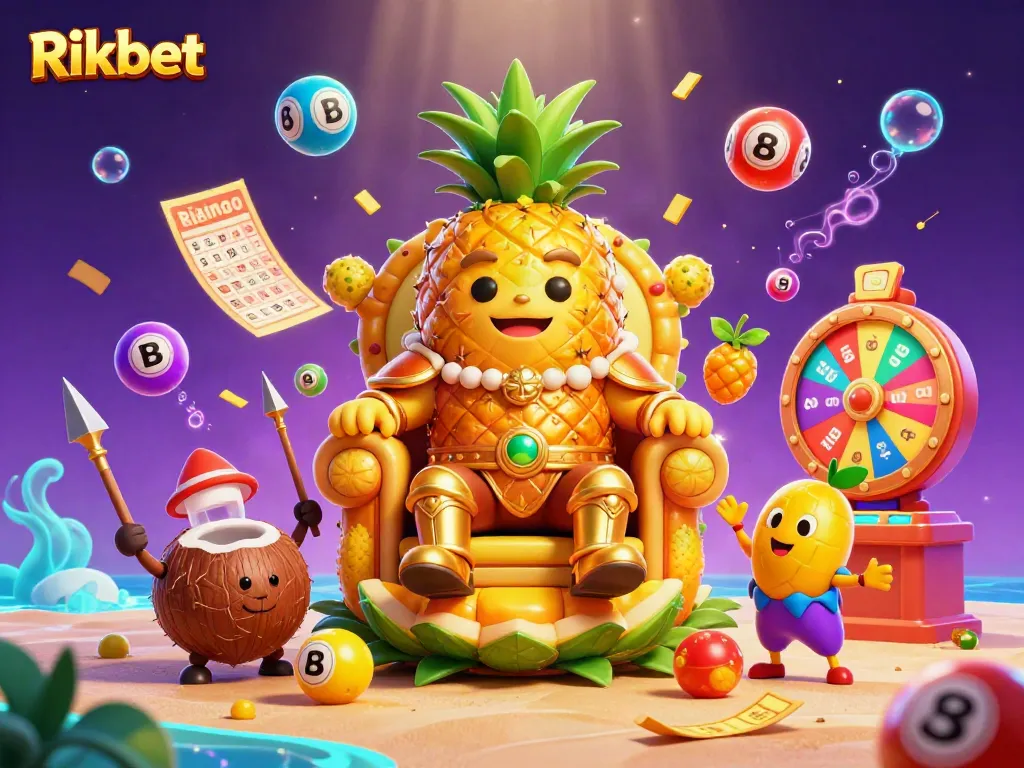 Experience thrilling moments with Rikbet in a vibrant beach casino scene featuring a golden pineapple king and lively characters.