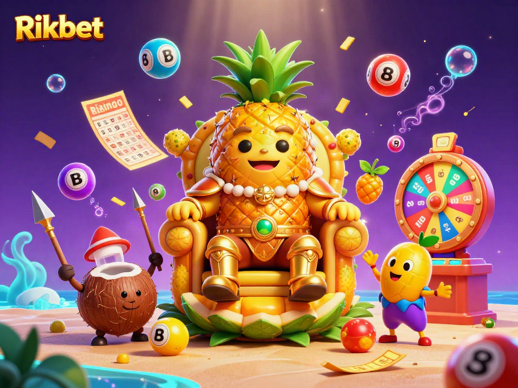 Experience thrilling moments with Rikbet in a vibrant beach casino scene featuring a golden pineapple king and lively characters.