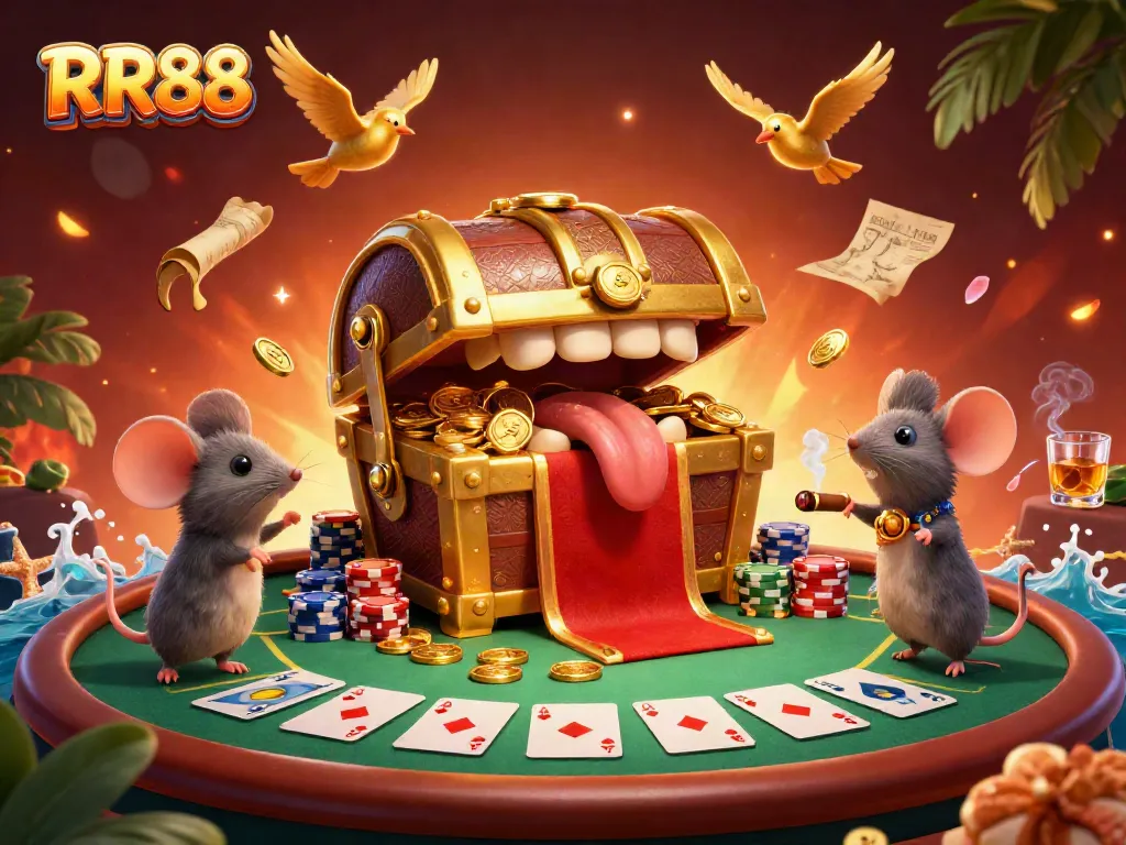 Engage with RR88's thrilling casino adventure featuring a treasure chest and poker elements.