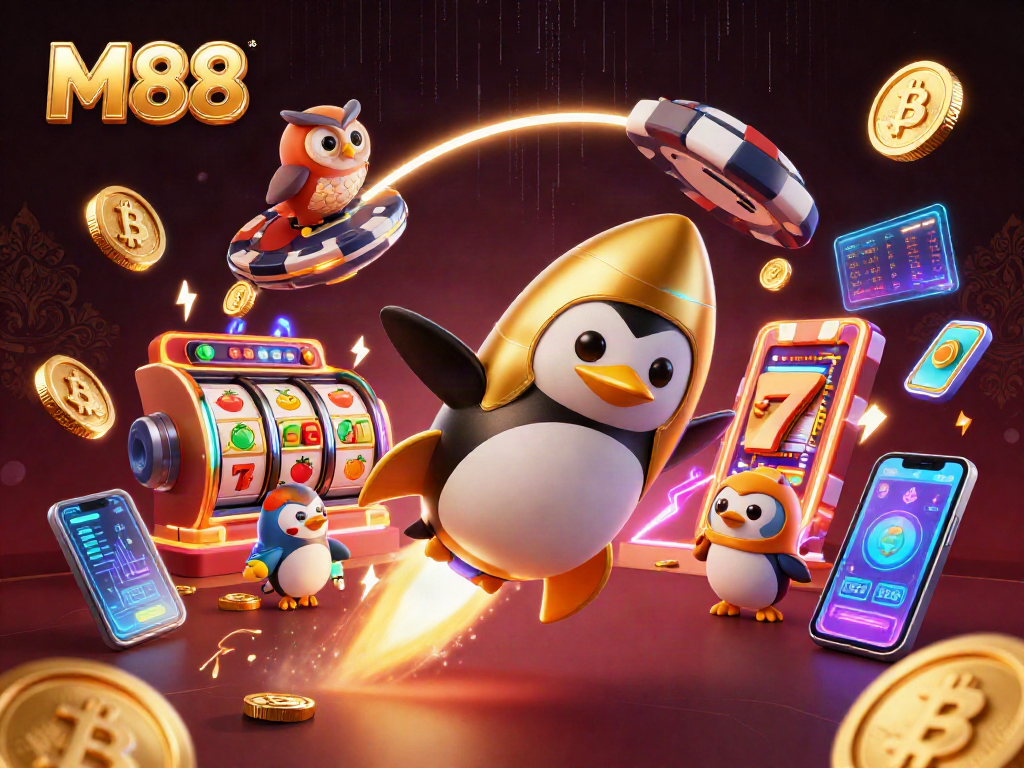 M88 casino adventure featuring a golden penguin exploring a gambling universe full of slots and coins.