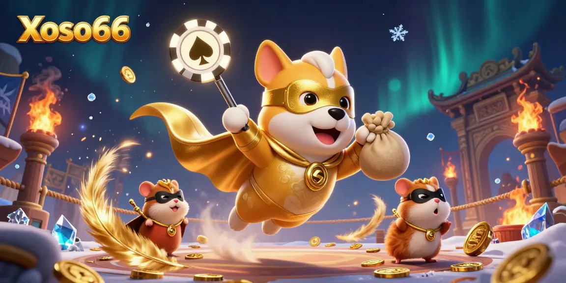 Xoso66 showcases a superhero dog and hamster in an exciting casino scene, symbolizing thrilling wins and joy.