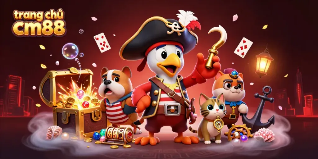 Immerse in the adventure of trang chủ cm88 with a pirate-themed casino illustration packed with slot reels and treasures.