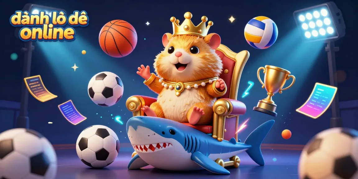Experience the thrill of đánh lô đề online with a vibrant 3D illustration of a hamster king in a sports-themed scene.