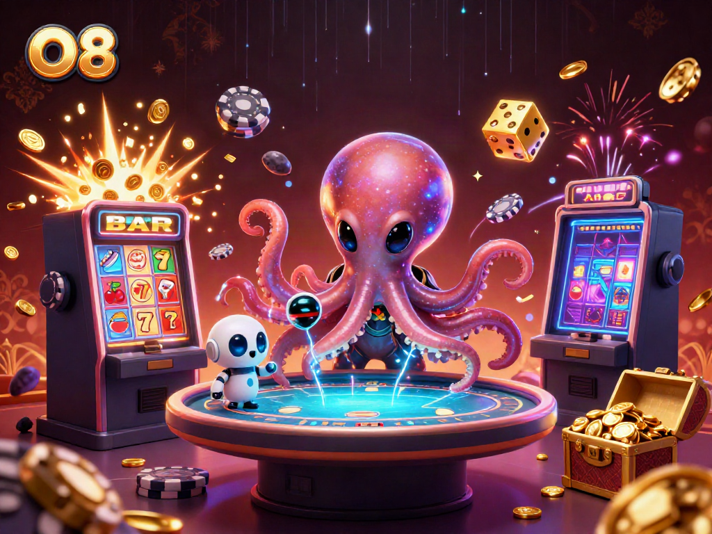 O8 showcases an alien octopus at a holographic poker table amidst a vibrant casino scene.