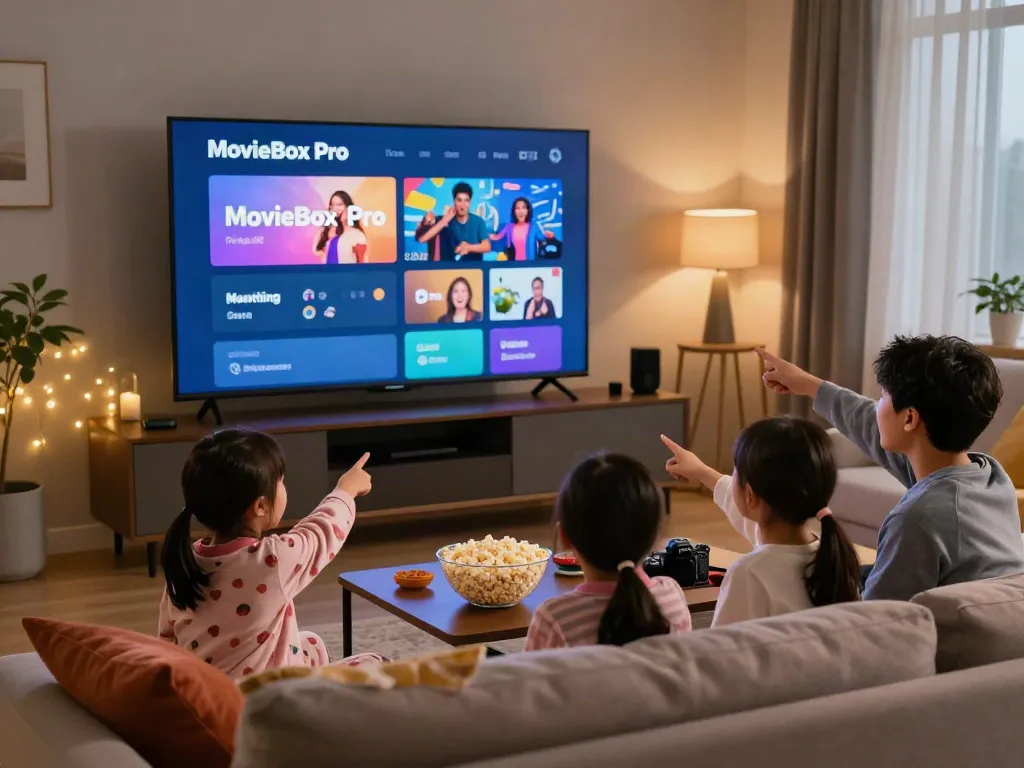 Family enjoying movie night with MovieBox app on smart TV, popcorn and snacks ready.