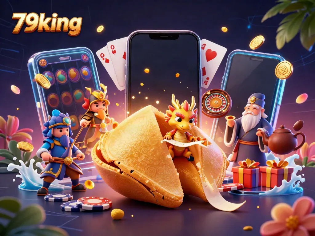 Experience thrilling adventures with 79king as golden coins and other game elements abound in a vibrant casino-themed illustration.