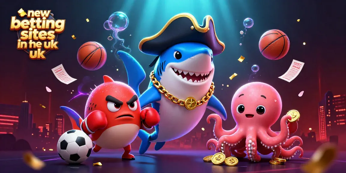 Engaging scene of new betting sites in the UK showcasing a pirate shark, pufferfish, and octopus celebrating sports betting.
