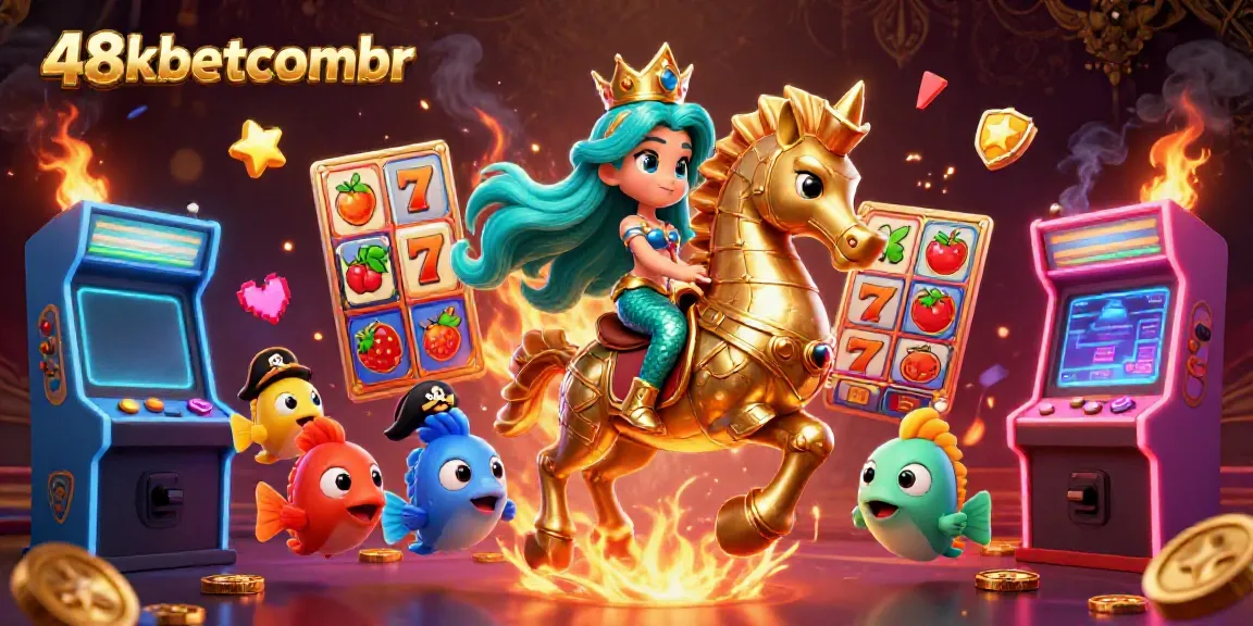 Immerse in 48xbetcombr's vibrant gaming scene featuring a mermaid, seahorse, and arcade elements.