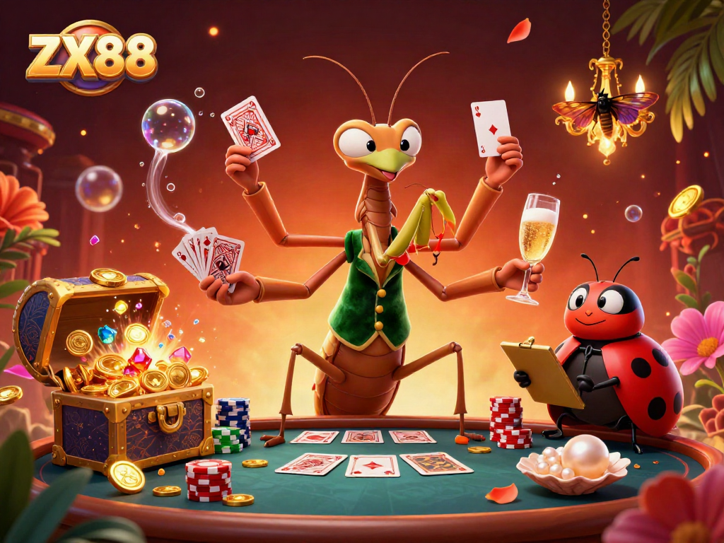Experience thrilling gaming excitement at ZX88 as a praying mantis card sharp and ladybug pit boss bring the casino to life.