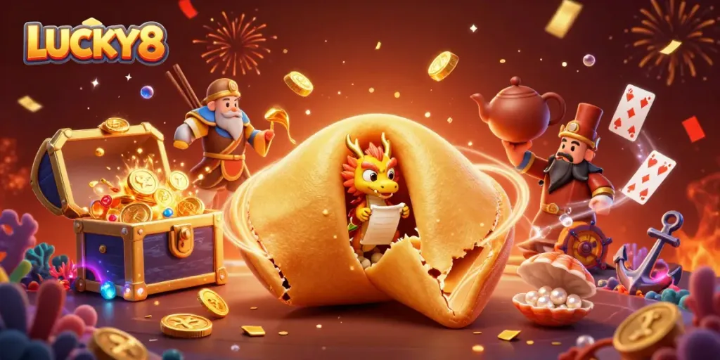 LUCKY8 lively casino scene showcasing a golden fortune cookie and wise dragon amid gold and gems.
