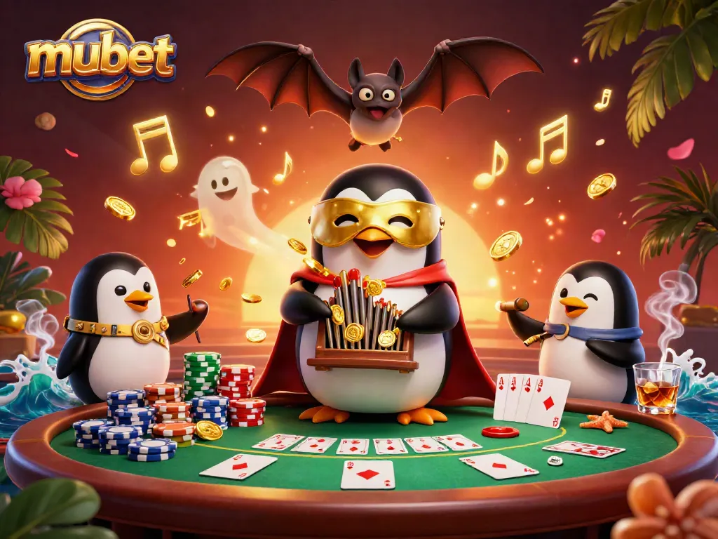 Experience the excitement of mubet with a vibrant 3D scene featuring a phantom penguin and casino elements.