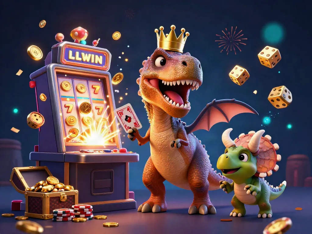 Engaging illustration showcasing LLWIN with a T-Rex and friends in a vibrant casino setting, featuring jackpots and dynamic elements.