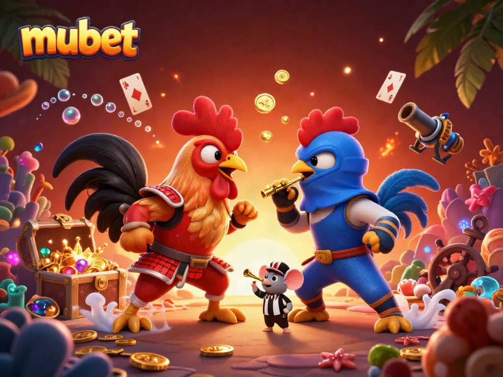 Experience the thrill of playing at mubet in a battle scene with cartoon roosters, gold coins, and vibrant casino elements.