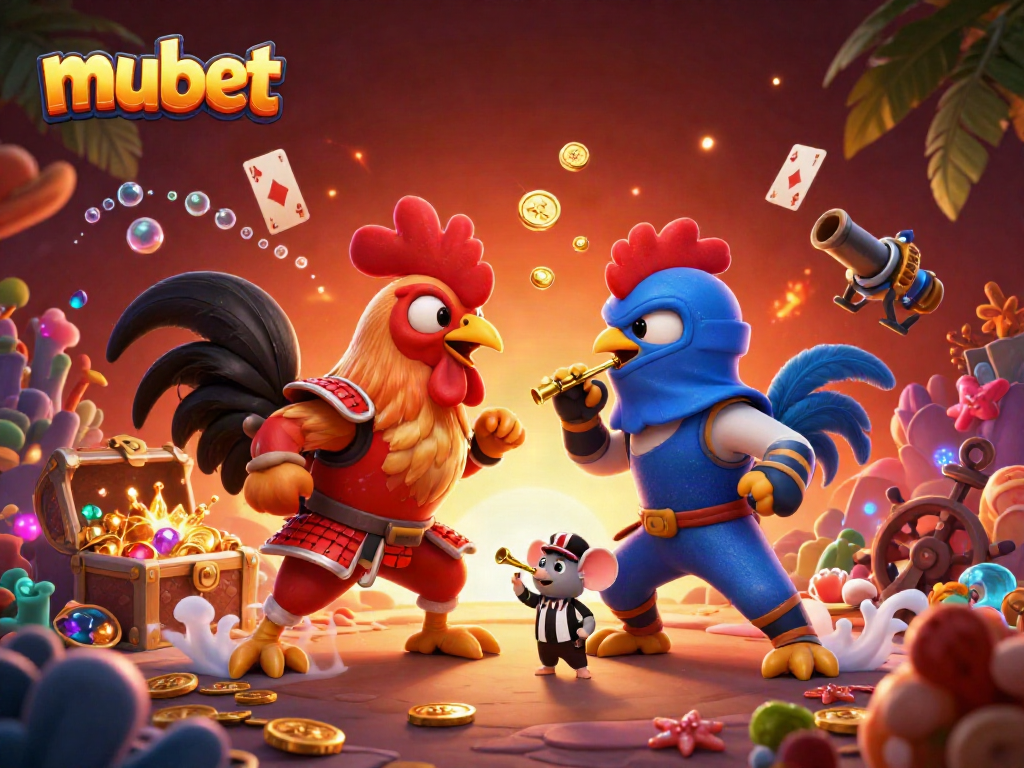 Experience the thrill of playing at mubet in a battle scene with cartoon roosters, gold coins, and vibrant casino elements.