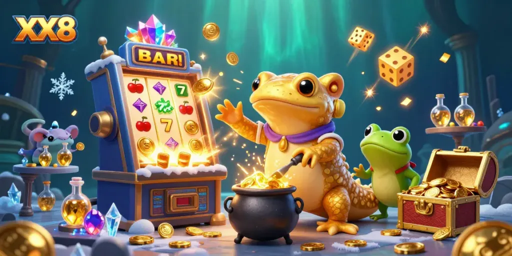 Experience the excitement of XX8 with vibrant casino elements, gold coins, and dynamic game action.