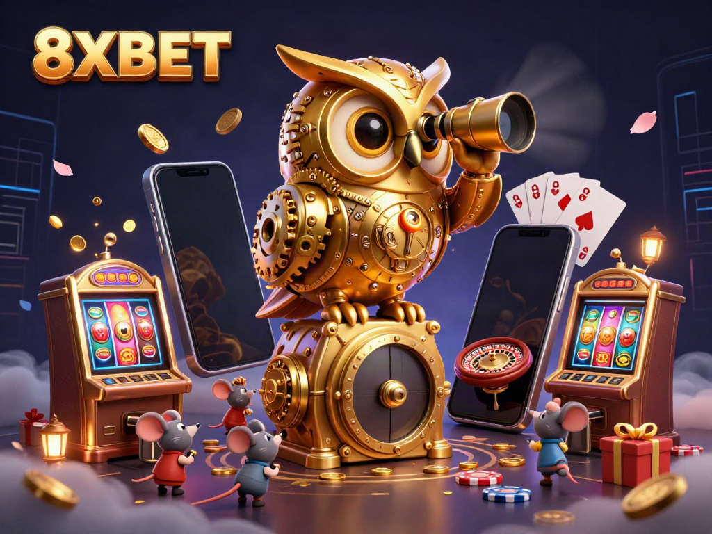 8XBET's vibrant casino scene displaying an owl and mice amidst rich slot games and gambling excitement.