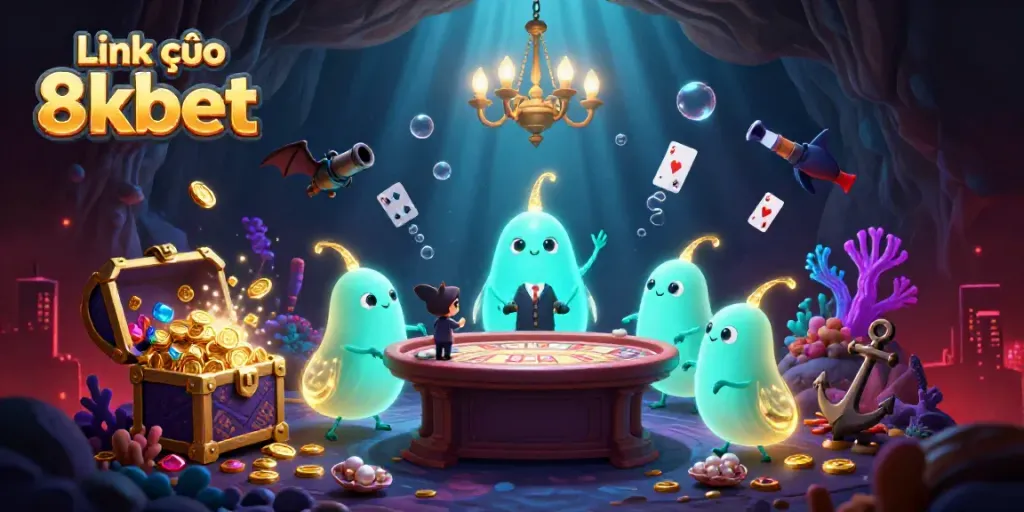Engage with the exhilarating atmosphere of Link vào 8kbet in this vibrant 3D casino illustration.