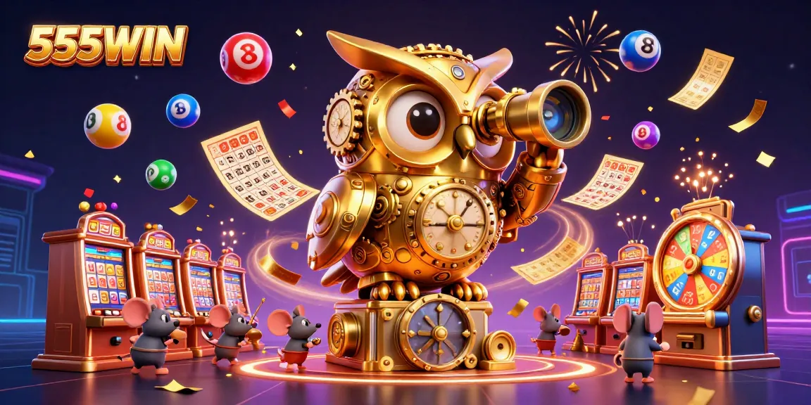 Experience the thrill of 555WIN with a whimsical casino scene featuring a golden owl and bustling mouse patrons.