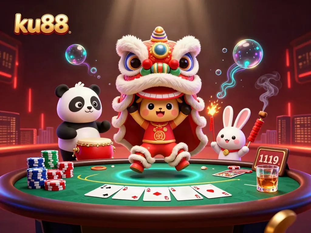 Engage with ku88's vibrant casino scene showcasing a lively lion dance, poker game, and festive atmosphere.