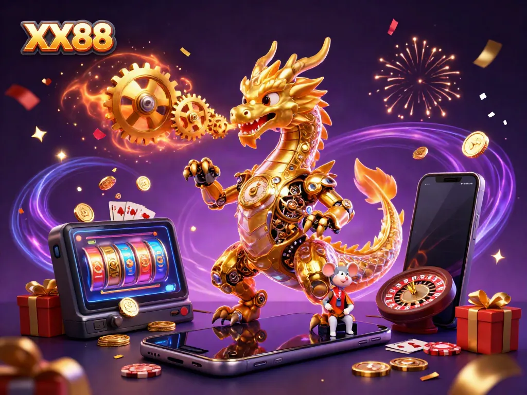 Experience the thrill of XX88 with a golden dragon and vibrant casino elements in a magical scene.