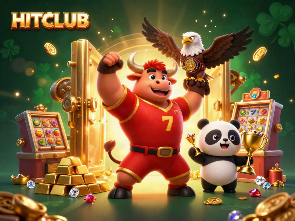 Experience HITCLUB excitement with triumphant characters surrounded by slot elements and dazzling treasures.