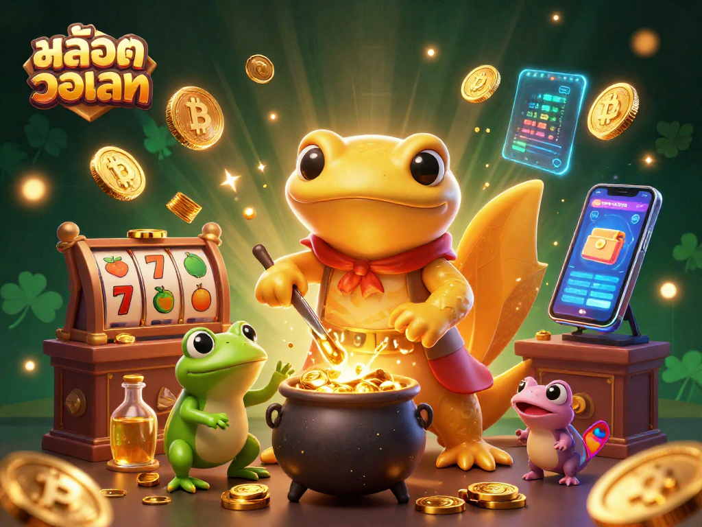 Engage in สล็อตวอเลท action within a vibrant 3D scene filled with slot reels and gold coins.