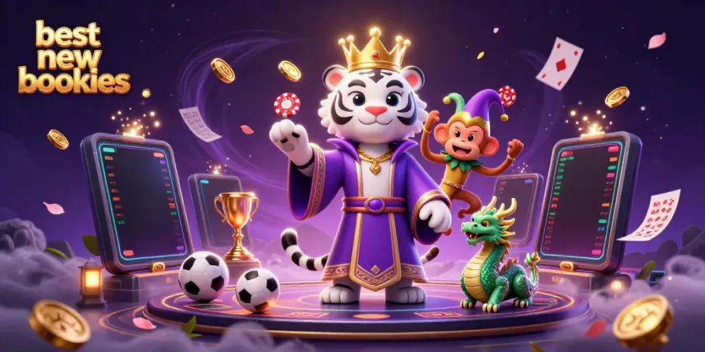Experience the thrill of betting with the best new bookies featuring a playful tiger, monkey, and dynamic sports elements.