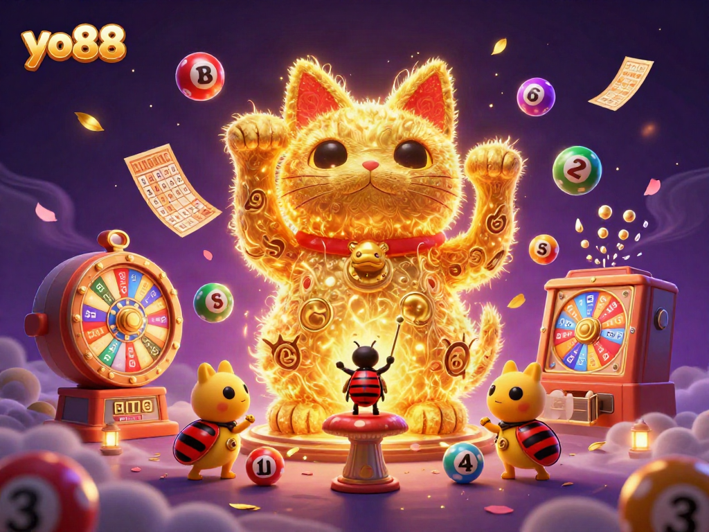 Join the excitement at yo88 with a vibrant casino-themed illustration showcasing a lucky cat and casino symbols.