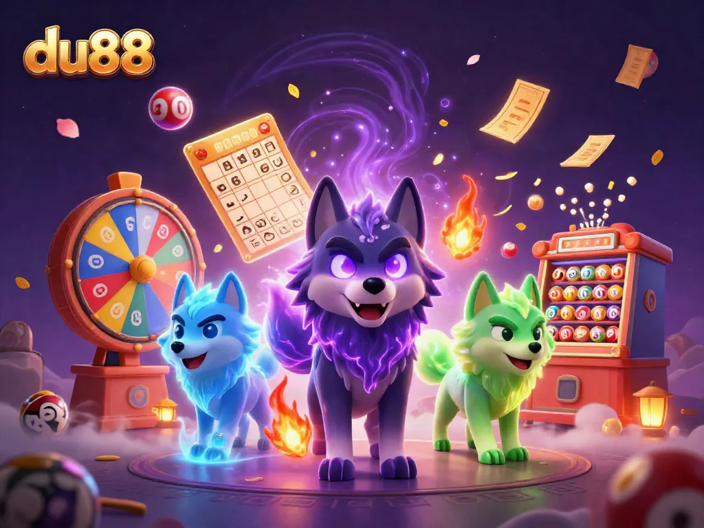 Experience thrilling gaming at du88 with ghostly wolves and vibrant lottery elements.