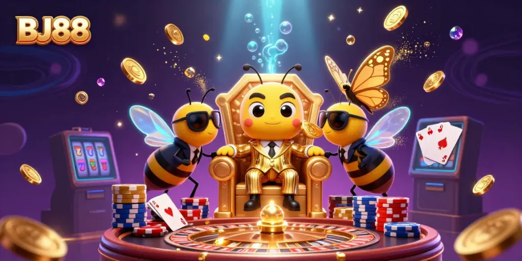 Engage with BJ88's thrilling casino scene featuring a bumblebee mob boss, gems, coins, and vibrant gaming elements.