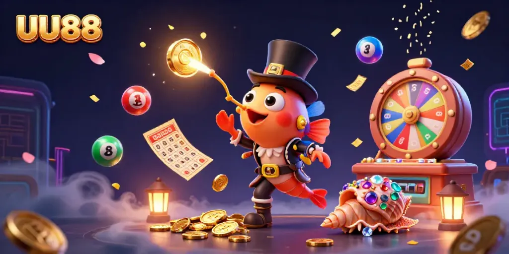 Engage in exciting casino play with a dynamic UU88-themed aquatic scene featuring colorful lottery elements and vibrant characters.