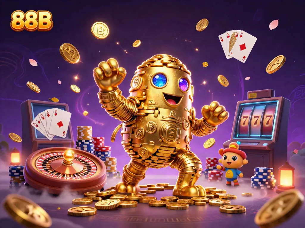 Engage with 88B's vibrant casino scene featuring a lively golden golem amidst cascading coins.