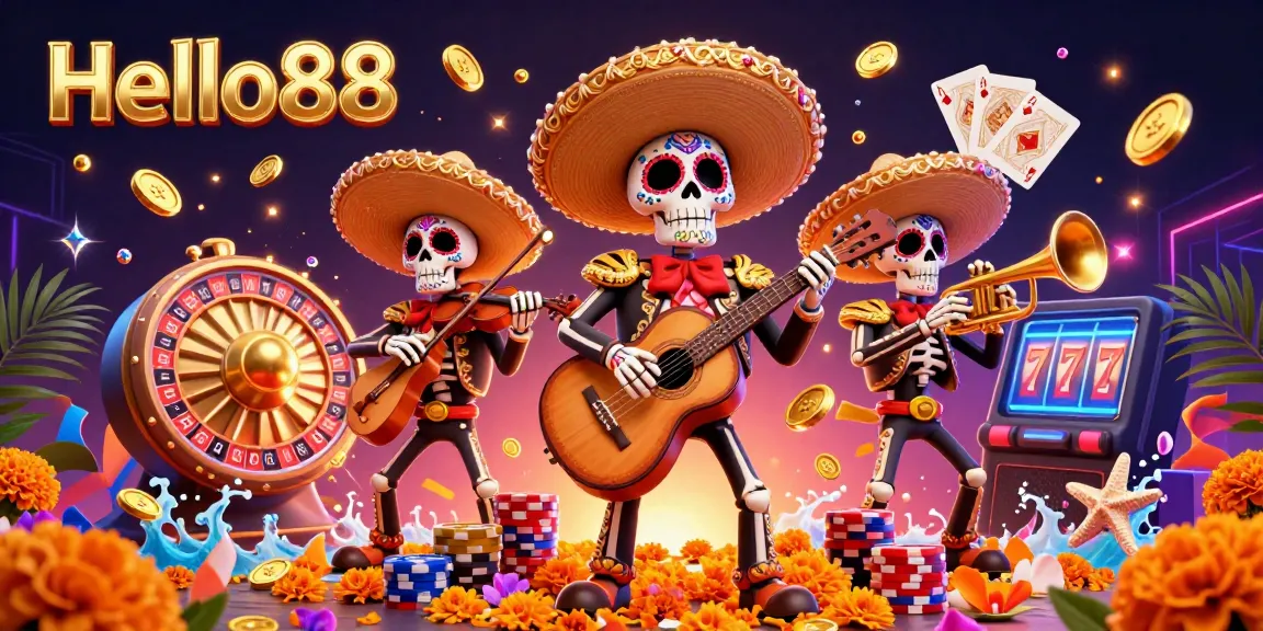 Engage with Hello88 through a vibrant 3D illustration featuring lively mariachi skeletons and casino elements.
